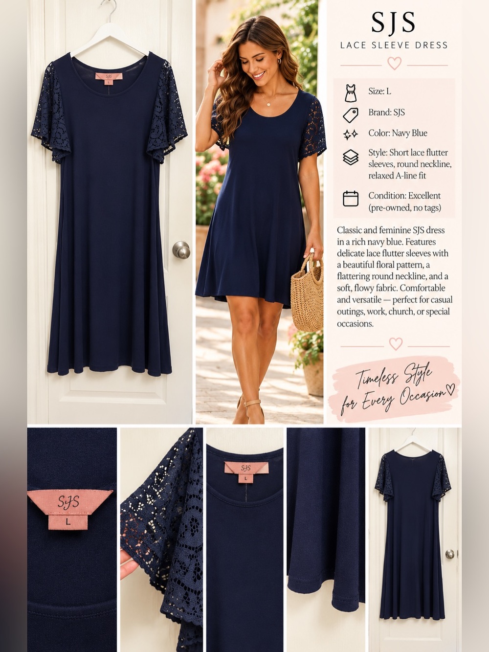 SJS Navy Lace-Sleeve A-Line Midi Dress